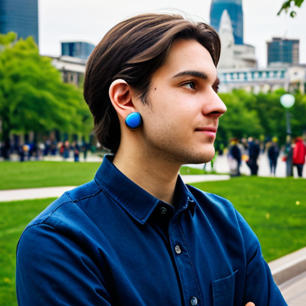 A young adult, fully clothed in modest, modern casual wear, stands in a vibrant, bustling urban park. They are wearing discreet, high-fidelity earplugs, showing a calm and aware expression as they observe their surroundings. The park features distant city sounds, but the foreground is peaceful, suggesting effective sound reduction. Natural lighting, professional photography style, perfect anatomy, correct proportions, natural pose, well-formed hands, proper finger count, natural body proportions, safe for work, appropriate content, fully clothed, modest, family-friendly.