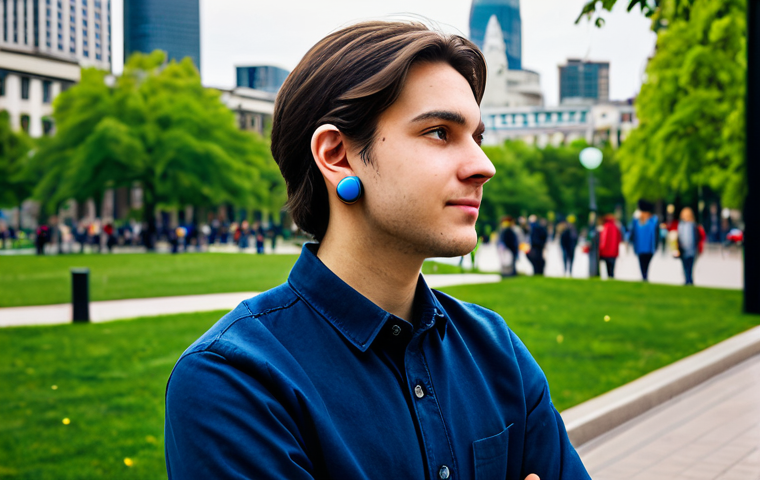 A young adult, fully clothed in modest, modern casual wear, stands in a vibrant, bustling urban park. They are wearing discreet, high-fidelity earplugs, showing a calm and aware expression as they observe their surroundings. The park features distant city sounds, but the foreground is peaceful, suggesting effective sound reduction. Natural lighting, professional photography style, perfect anatomy, correct proportions, natural pose, well-formed hands, proper finger count, natural body proportions, safe for work, appropriate content, fully clothed, modest, family-friendly.
