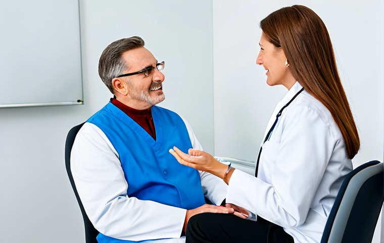 A professional audiologist, fully clothed in a clean medical coat, sits across from a mid-aged woman in modest business attire. They are in a bright, modern audiology clinic with a soft, inviting atmosphere. The woman looks engaged and hopeful, listening to the audiologist who is explaining diagnostic results on a professional-looking screen in the background. The scene emphasizes clear communication and professional care. Perfect anatomy, correct proportions, natural pose, well-formed hands, proper finger count, natural body proportions, professional photography, high quality, studio lighting, clean background, safe for work, appropriate content, fully clothed, professional.