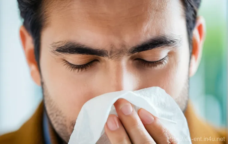 비염 스프레이의 종류와 사용법 - **"A close-up shot of a diverse adult, appearing to be in their late 20s or early 30s, experiencing ...