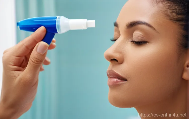 비염 스프레이의 종류와 사용법 - **"A close-up shot of a diverse adult, appearing to be in their late 20s or early 30s, experiencing ...