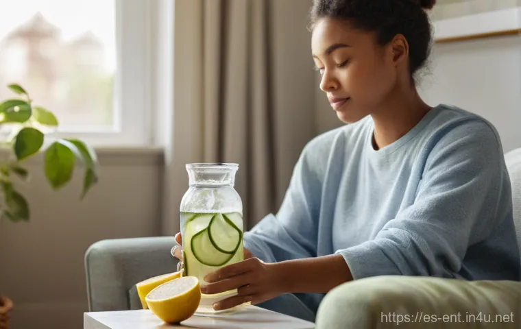 후두염 증상 완화를 위한 생활 습관 - **Prompt 1: Serene Hydration for a Healthy Voice**
"A candid, soft-focus shot of a young adult, ...