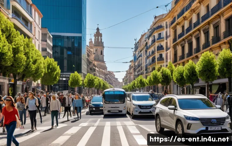 소음성 난청 예방을 위한 생활 팁 - A busy urban street scene in a large Spanish city during daytime, showing heavy traffic with cars, b...