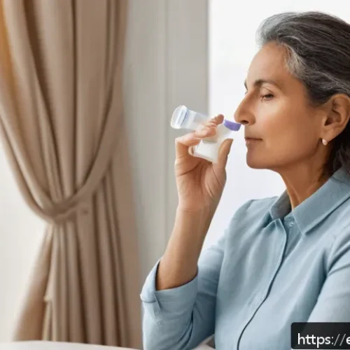 Home 30 코 내시경 검사 후 주의사항 - A serene indoor scene showing a middle-aged Spanish woman gently using a saline nasal spray to moist...