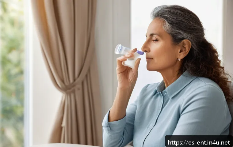 코 내시경 검사 후 주의사항 - A serene indoor scene showing a middle-aged Spanish woman gently using a saline nasal spray to moist...