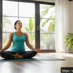 Home 23 이명 완화에 좋은 생활 습관 - A serene indoor scene of a middle-aged Hispanic woman practicing gentle yoga and deep breathing exer...