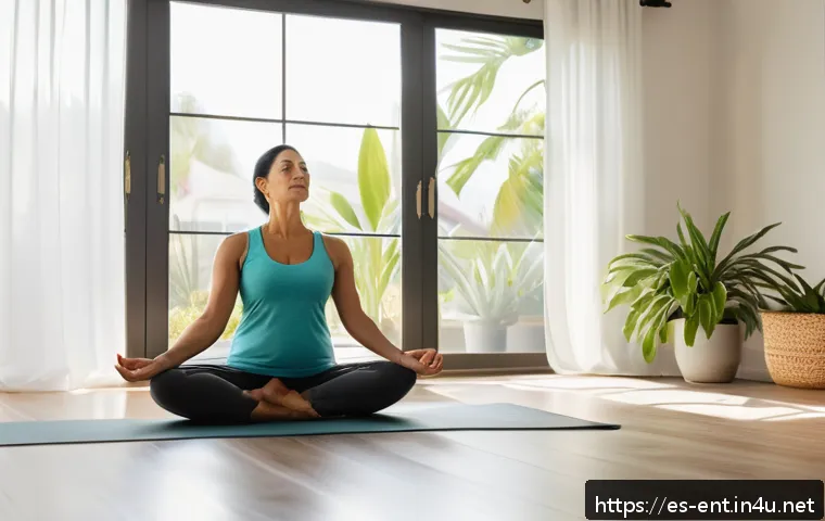 이명 완화에 좋은 생활 습관 - A serene indoor scene of a middle-aged Hispanic woman practicing gentle yoga and deep breathing exer...